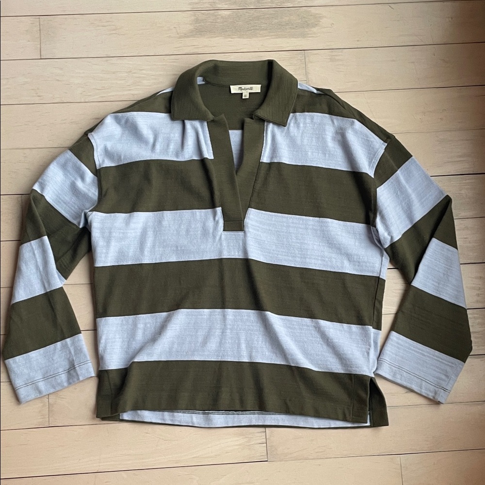 Madewell Olive and Light Blue Striped Polo Shirt